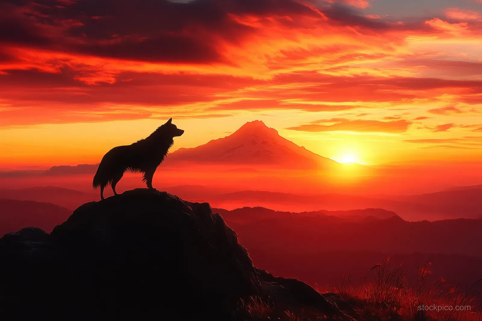 A dog silhouette stands on a rocky peak as the sun sets over distant mountain layers.