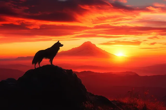 Dog silhouette stands on rocky peak at sunset, gazing toward glowing mountain horizon