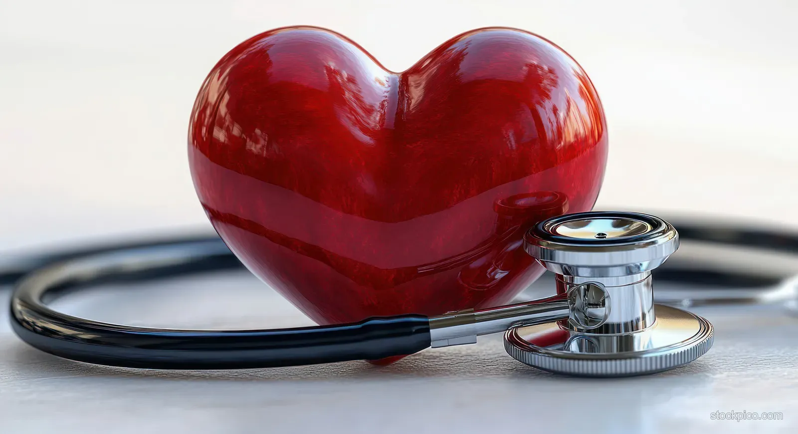 Shiny red heart sculpture lying beside a metallic stethoscope on a light background.