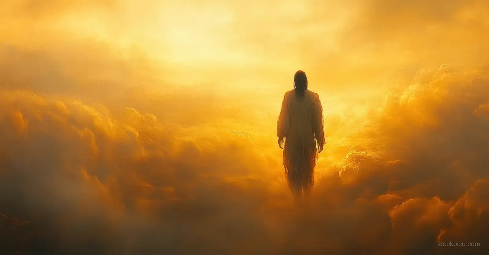 Jesus silhouette walks through golden clouds with radiant light in the sky.