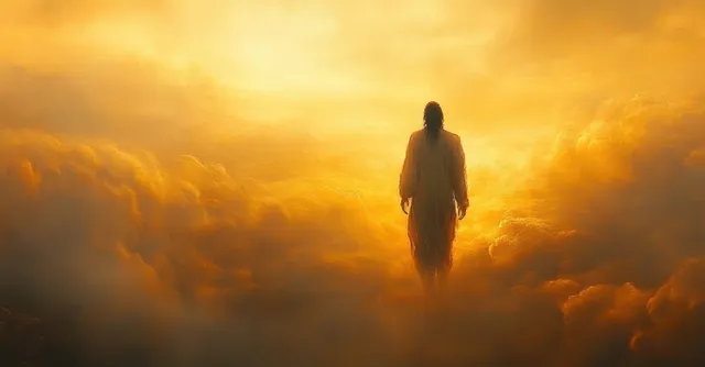 Jesus silhouette walks through golden clouds with radiant light in the sky.
