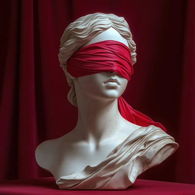 White marble bust of a woman blindfolded with a bright red cloth against dark red drapery.