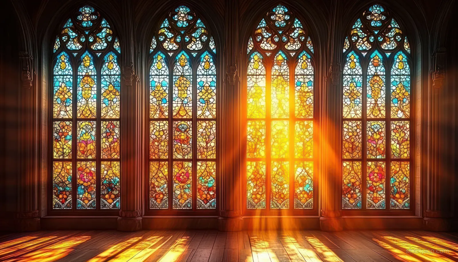 Gothic stained glass windows with floral patterns illuminate a cathedral interior with warm morning light and long shadows.