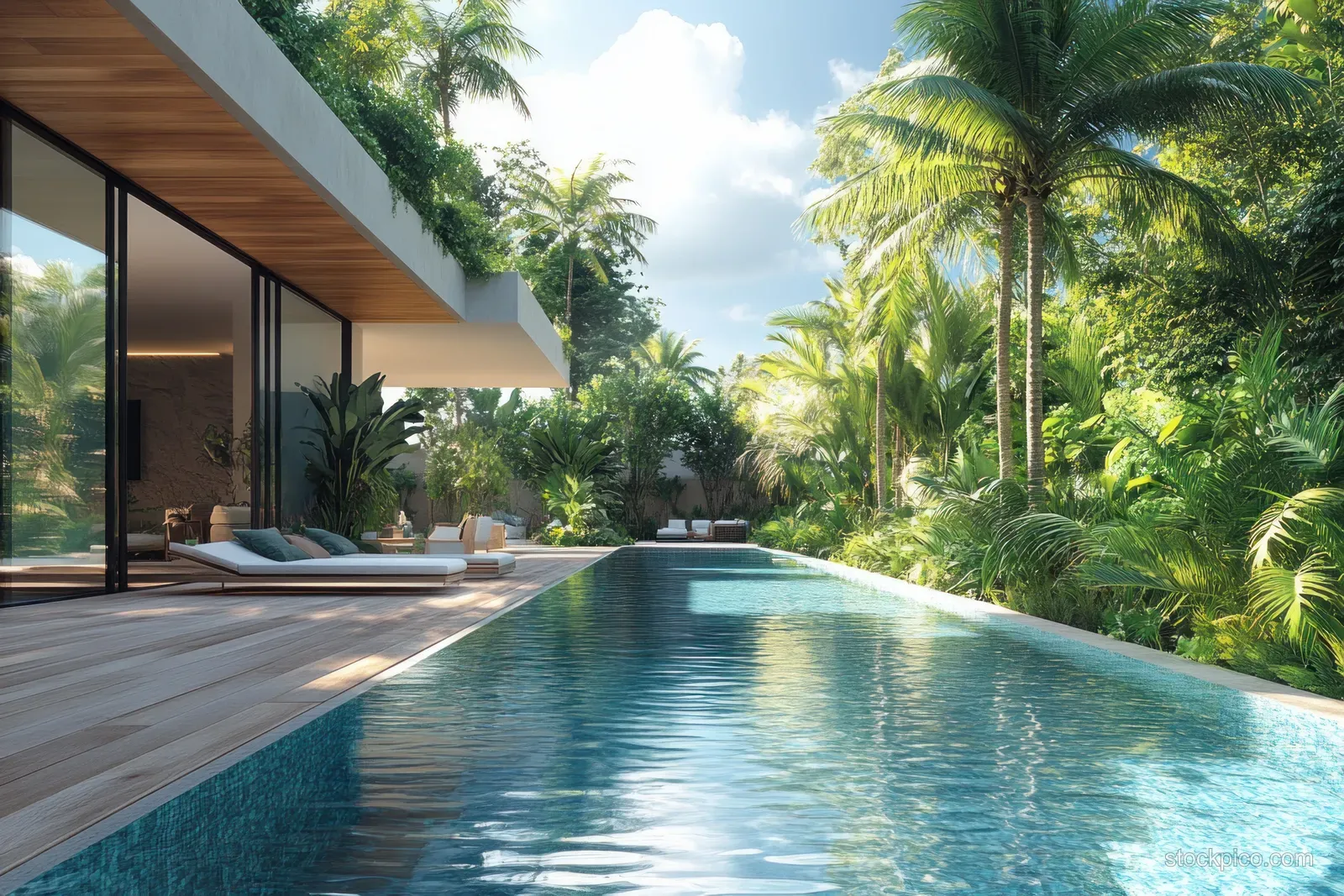 Poolside scene with a wooden deck, empty white wall, and surrounding palm greenery under bright daylight.
