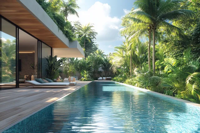 Poolside scene with a wooden deck, empty white wall, and surrounding palm greenery under bright daylight.