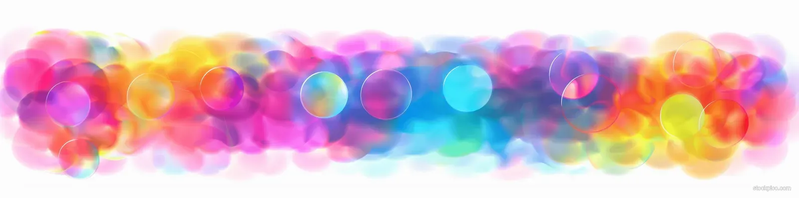Blurred neon rainbow circles glow across a soft horizontal band with iridescent light haze.