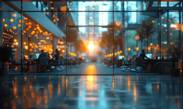 Business team meeting in modern glass office room with natural light reflections