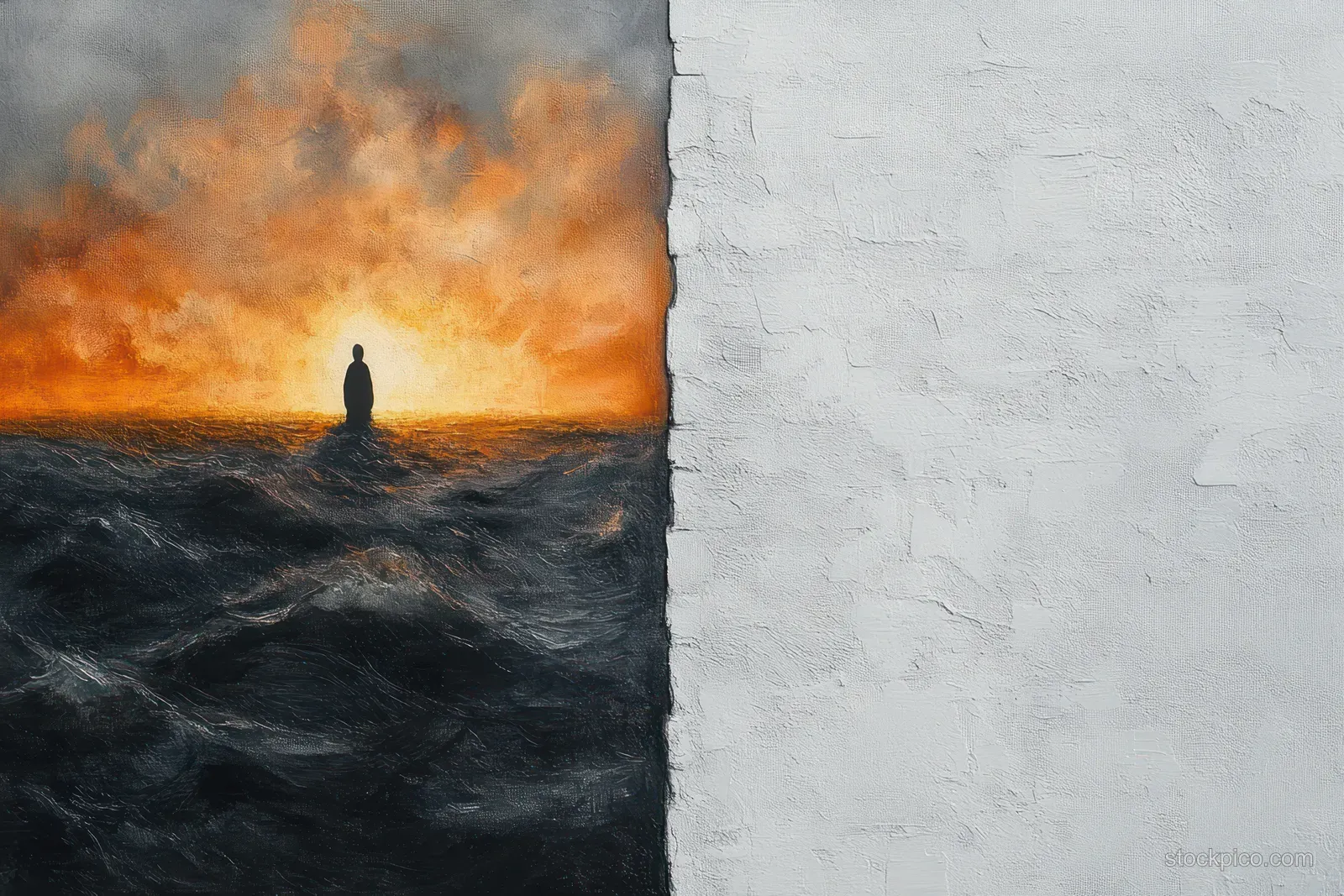 A lone silhouette stands in turbulent dark water while a fiery orange sky glows beside a blank white wall.