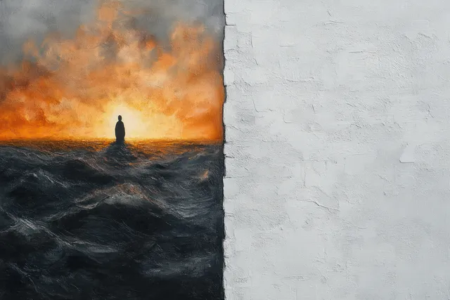 Silhouette figure stands in turbulent dark water beside a blank white wall under fiery orange sky