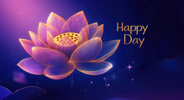 A glowing purple and gold lotus flower with intricate petals floats over a dark blue starry background.