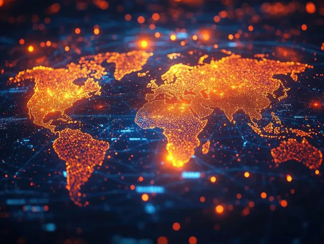 Glowing world map displays orange network nodes and connecting data points on a dark blue digital background.