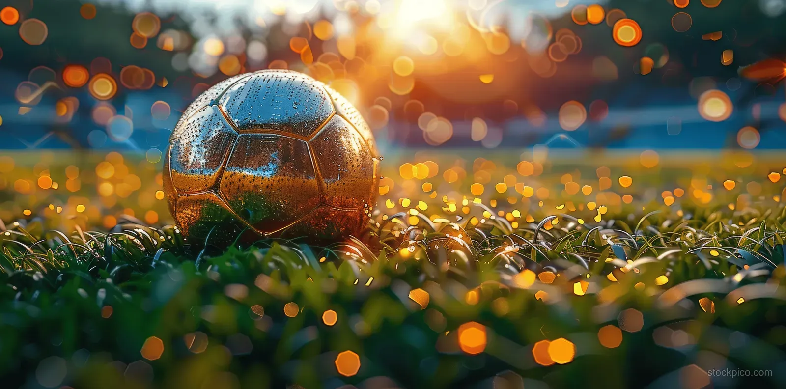 Gold soccer ball on green grass with confetti sparks and blurred stadium lights behind it.