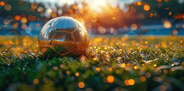 Gold soccer ball on green grass with confetti sparks and blurred stadium lights behind it.