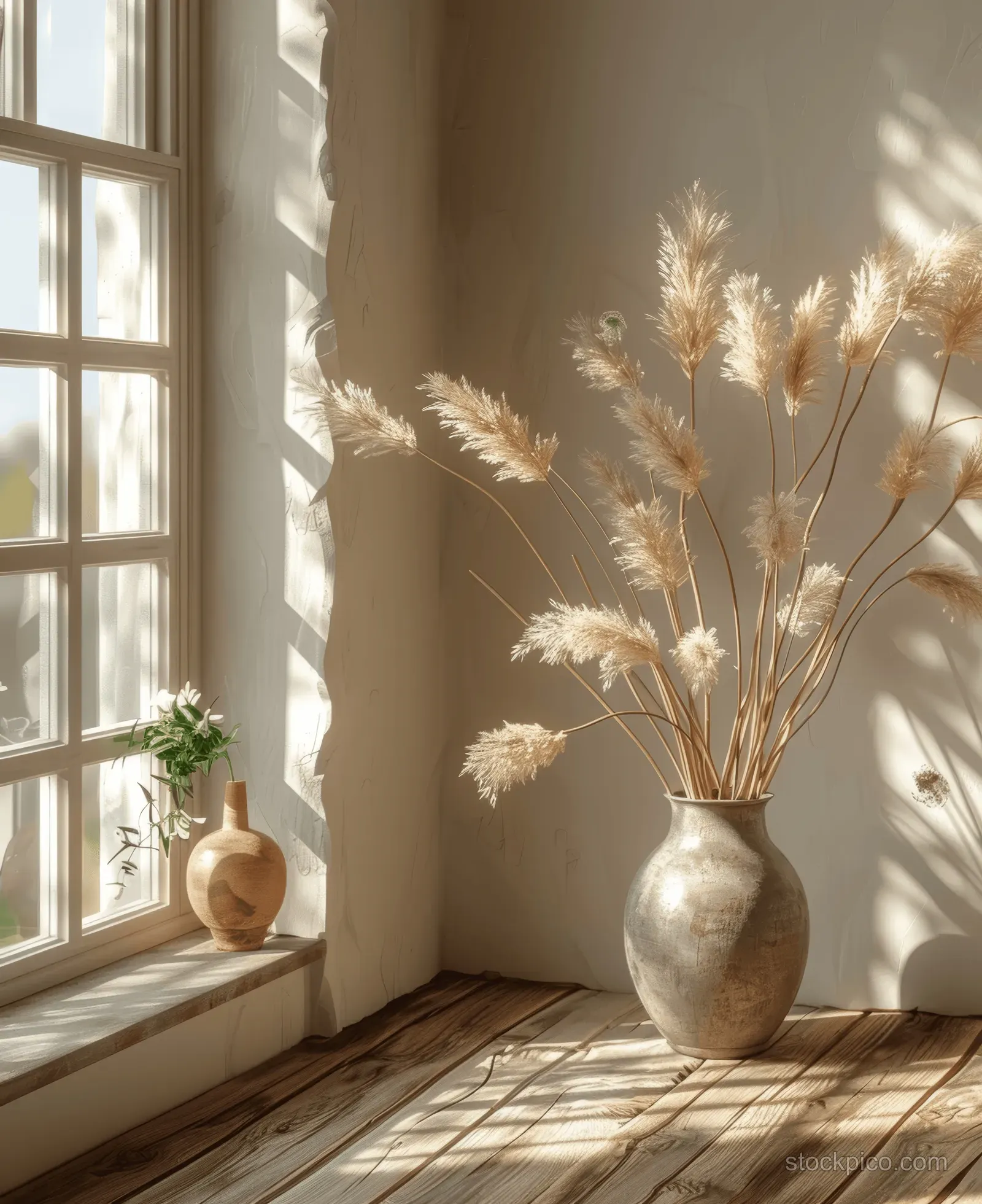 Empty picture frame on a shelf beside a vase of pampas grass in a sunlit beige interior.