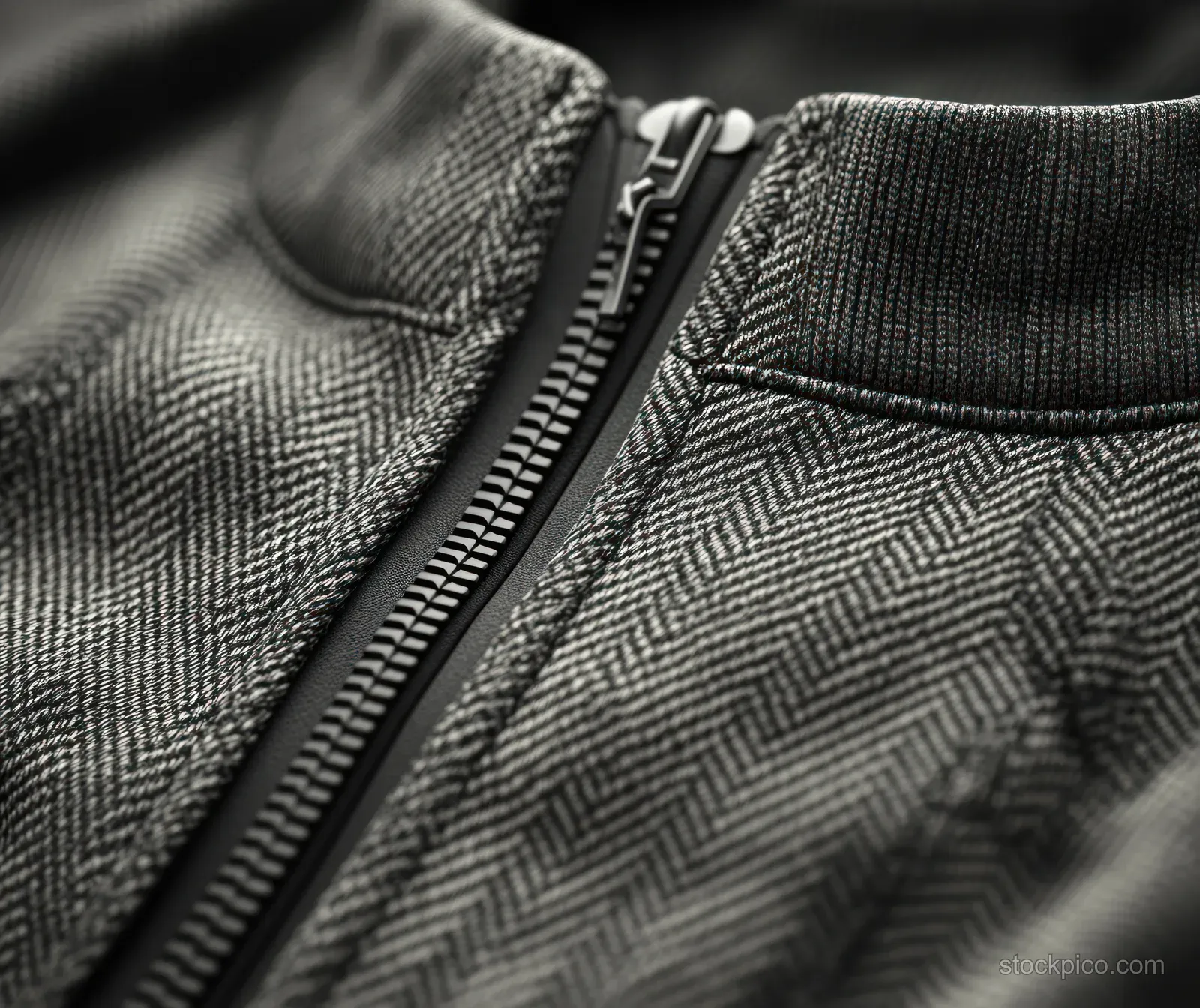 Close-up of gray joggers fabric texture with side pocket stitching and a zipper fly.