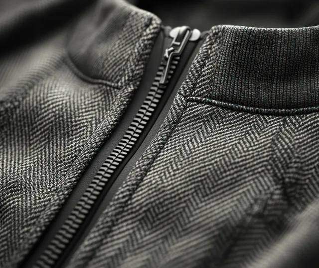 Close-up of gray joggers fabric texture with side pocket stitching and a zipper fly.