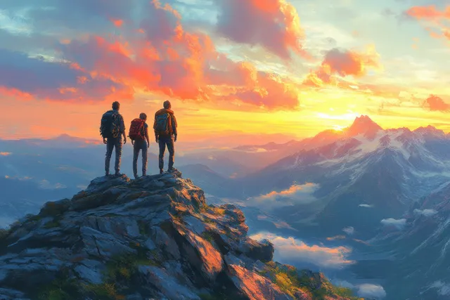 Three women hikers stand on a rocky summit at sunset, looking over distant mountains in Japan.