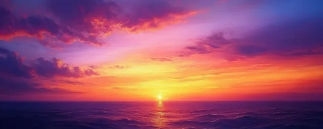 Un atardecer resplandeciente sobre el horizonte oceánico con nubes naranjas y púrpuras y texturas pictóricas de pinceladas.