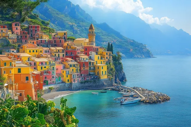 Colorful Mediterranean houses cascade down a cliff above calm blue water with docked boats