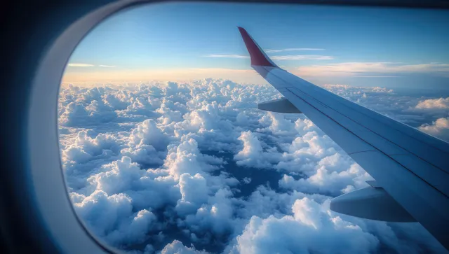 View of an airplane wing through a window above fluffy clouds with blue sky and a distant horizon.