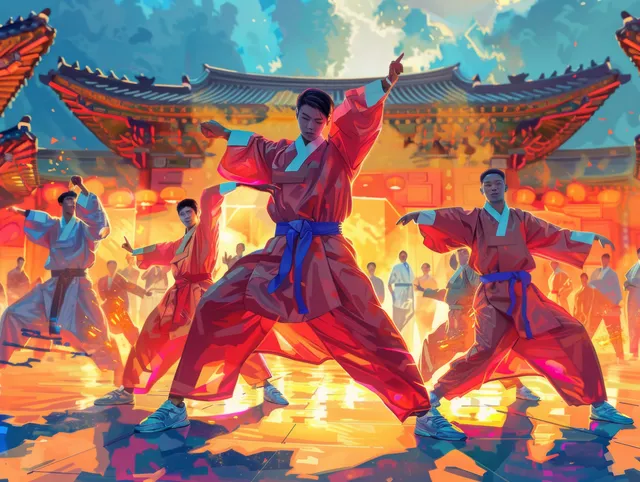 Men’s breaking crew strikes synchronized poses during a performance on a brightly lit stage with a palace-like backdrop.