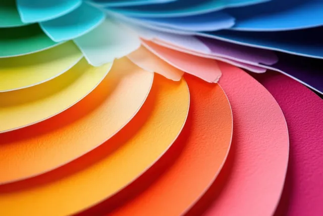 Overlapping circular paper color swatches display a vivid rainbow gradient under soft lighting.