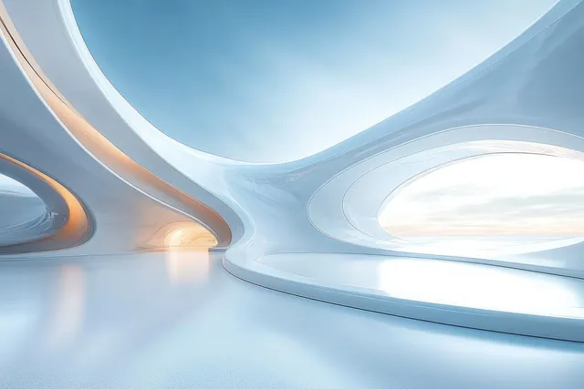 Futuristic empty corridor with curved white walls and bright skylight lighting soft reflections.