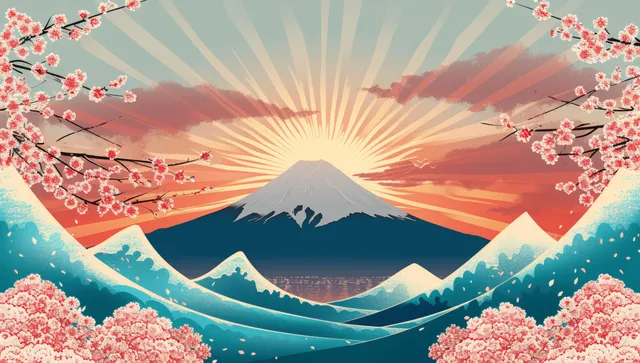 Mount Fuji centered above stylized ocean waves with sunburst rays and pink cherry blossoms along the frame.