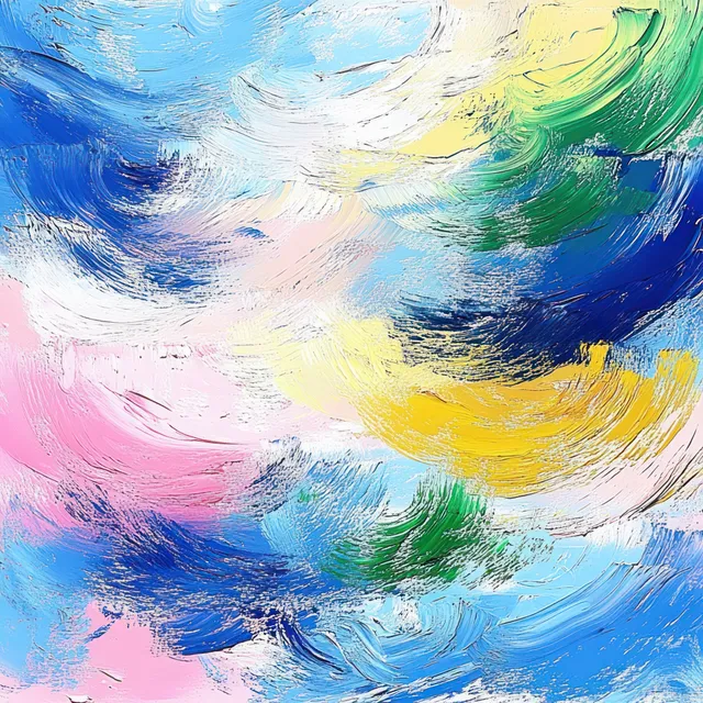 Swirling abstract canvas painting with blue, green, yellow, pink and white textured brushstrokes