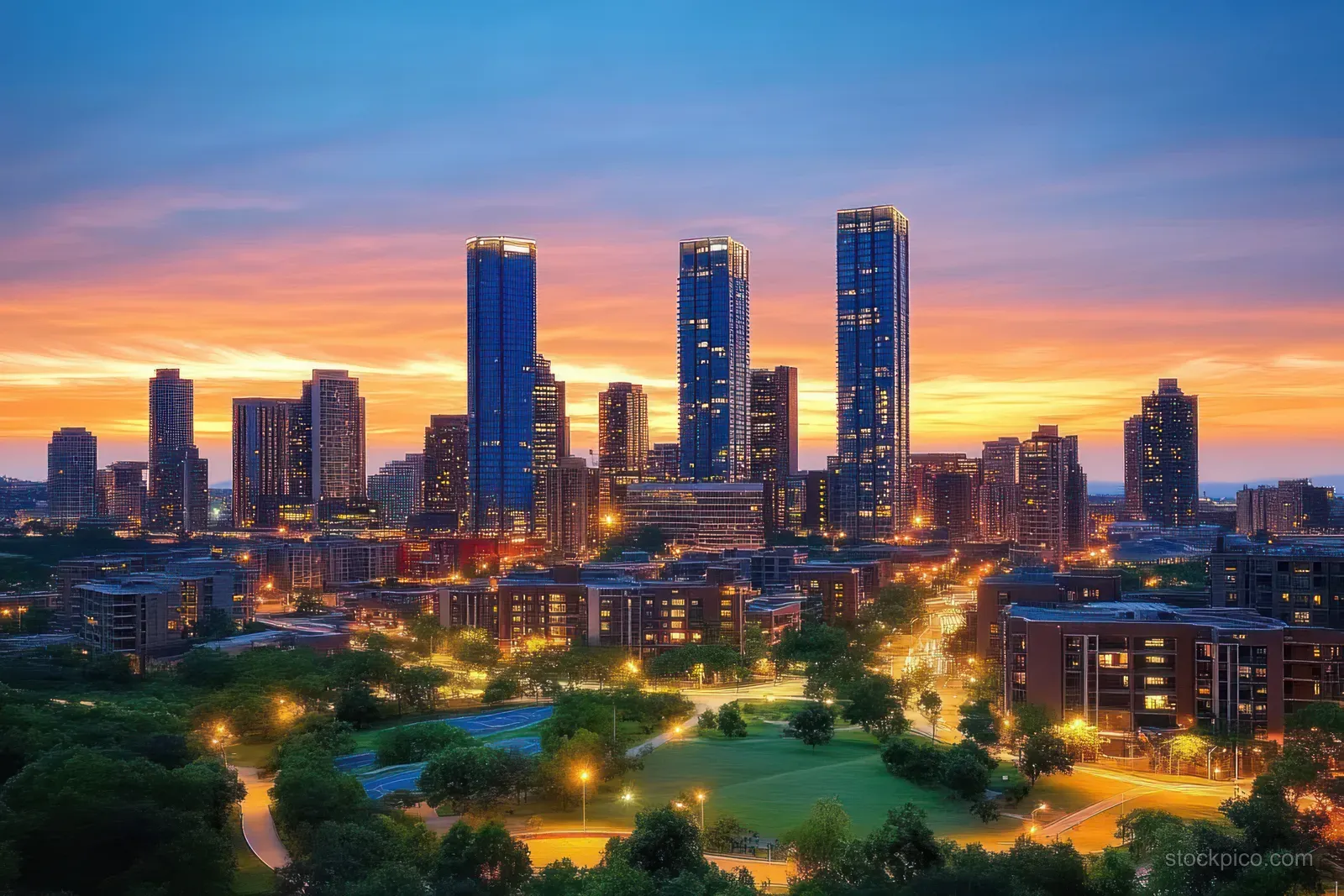 Omaha downtown skyline at dusk with tall modern towers and a warm sunset sky over green park areas.