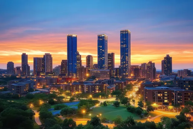 Omaha downtown skyline at dusk with tall modern towers and a warm sunset sky over green park areas.