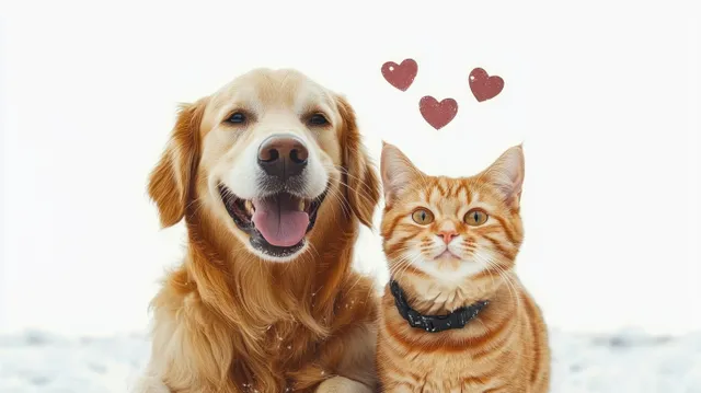 Happy golden retriever and ginger tabby cat sit together with hearts overhead on white background