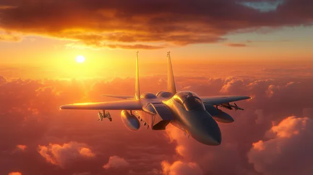A fighter jet banks over a fiery sunset with glowing clouds and dramatic light reflecting on its metallic body.