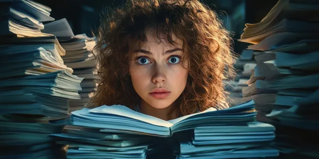 Overworked businesswoman surrounded by paper stacks at late-night desk, stressed and exhausted