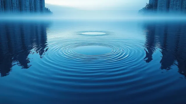 Concentric ripples on a calm lake reflect tall buildings under a soft misty dawn sky.