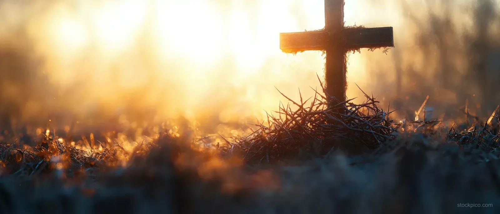 A silhouetted wooden cross with a crown of thorns rises from a frosty field under golden sunrise backlight.