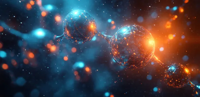 Neon-cyan serotonin molecule floating in cyberpunk space with glowing bonds and depth