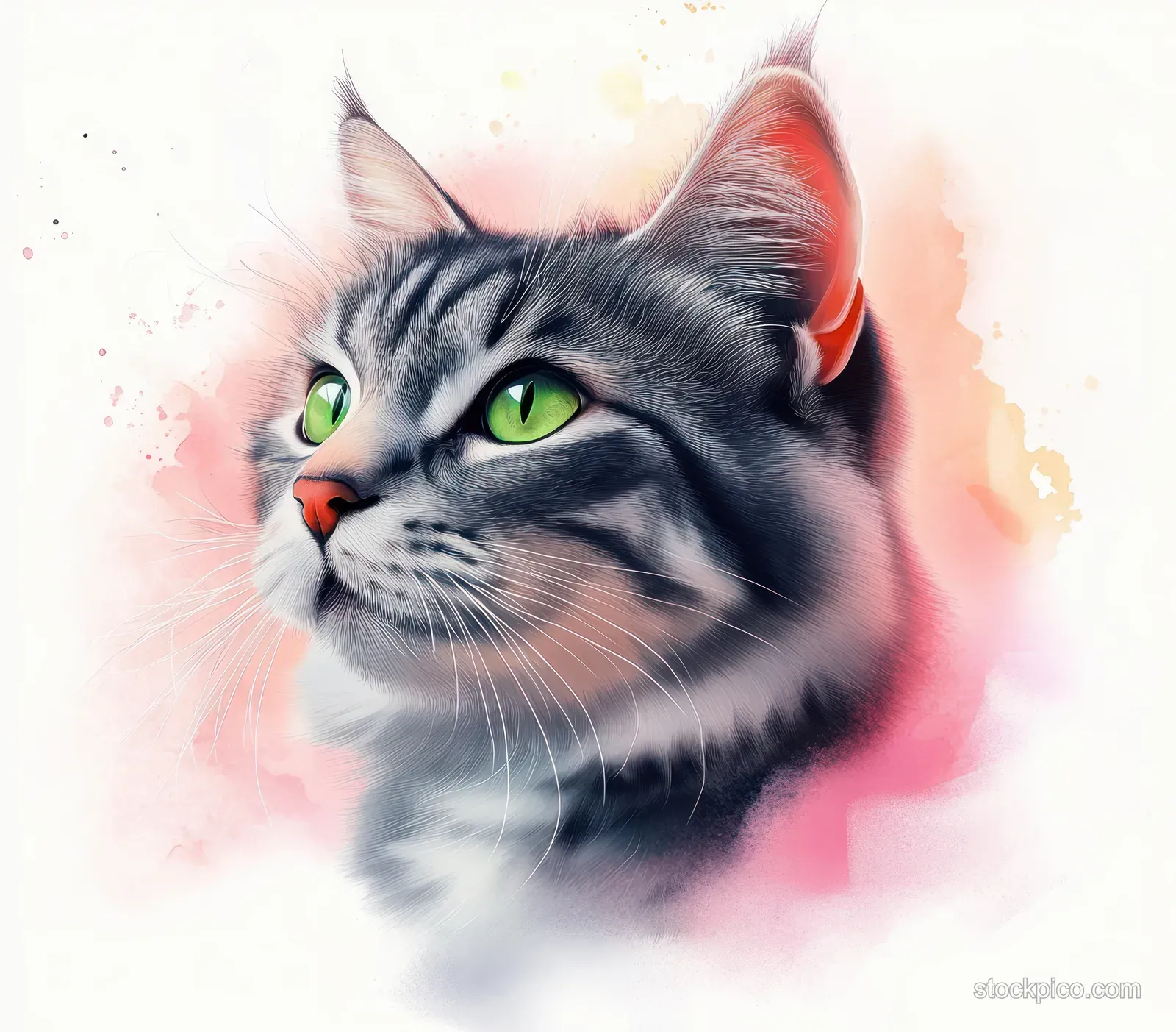 Silver tabby cat with green eyes portrait against a pink watercolor wash and soft paint blooms.