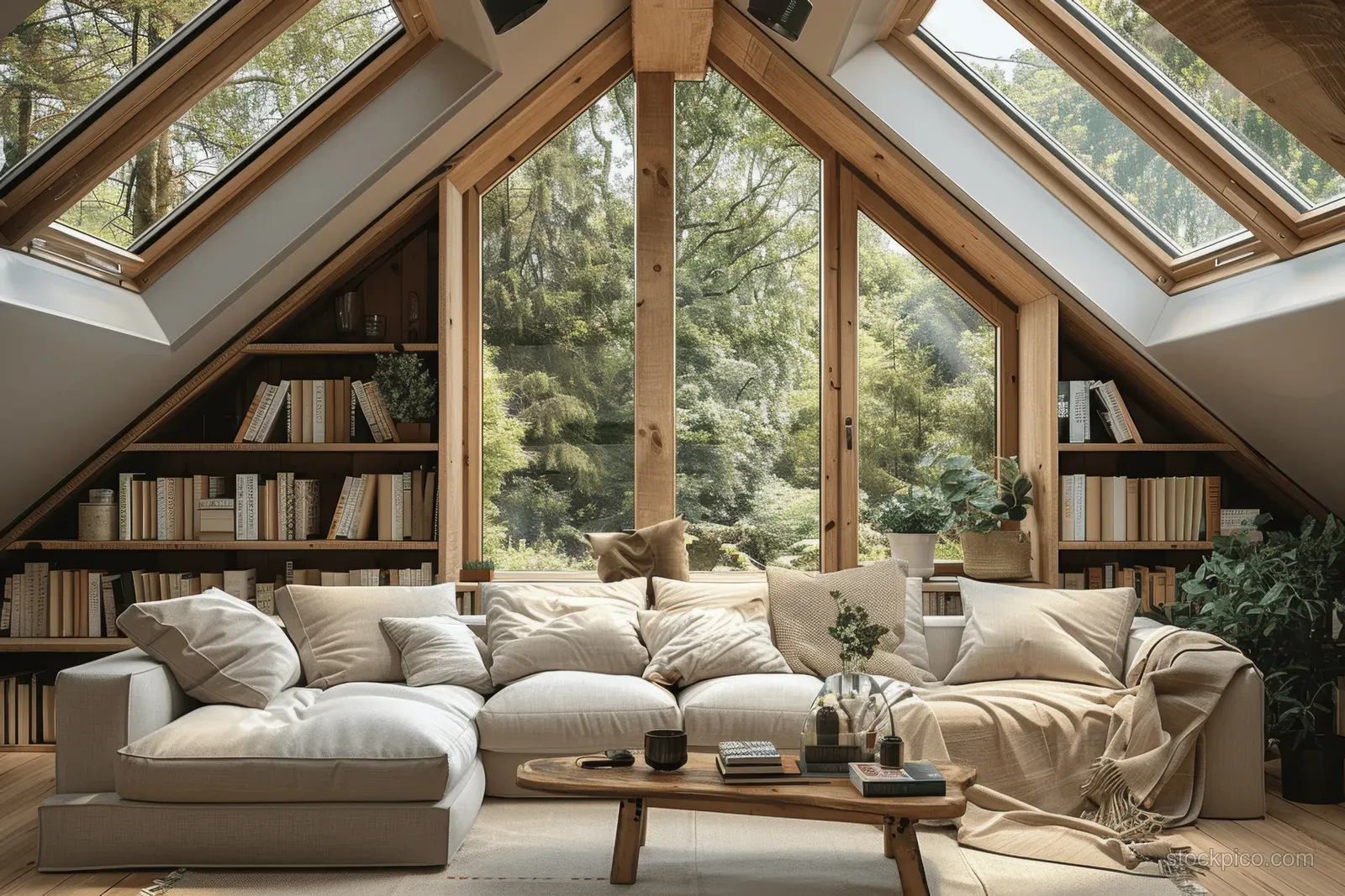 Sunlit attic living room with sectional sofa, rustic coffee table, bookshelves, and skylights opening to trees.