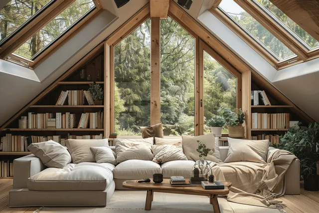 Sunlit attic living room with sectional sofa, rustic coffee table, bookshelves, and skylights opening to trees.