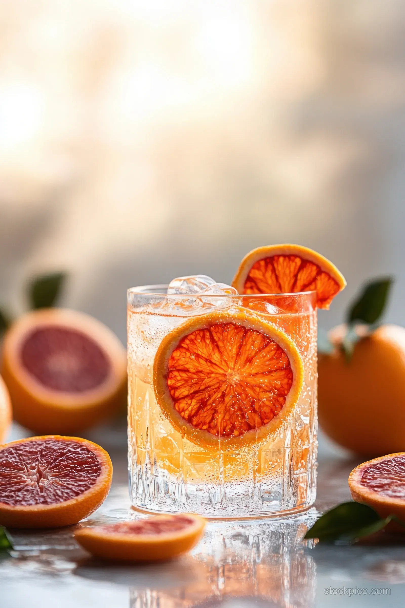 Clear glass of iced citrus drink garnished with orange slices surrounded by fresh cut citrus fruit.