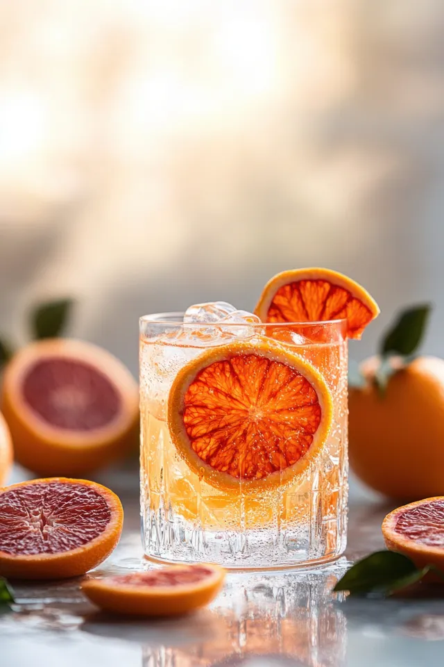 Clear glass of iced citrus drink garnished with orange slices surrounded by fresh cut citrus fruit.