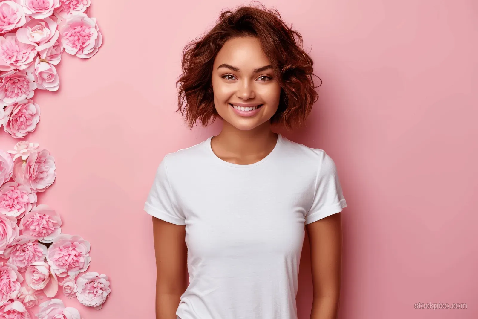 Smiling woman in a plain white t-shirt posing with hands at her waist against a pink background with flowers on the left.
