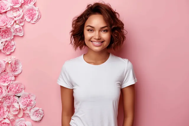 Smiling woman in white t-shirt posing with hands at waist on pink studio background with Graphic Design Template