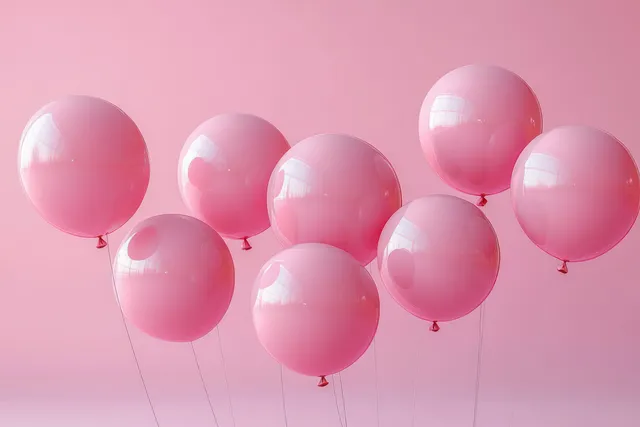 Glossy pink balloons float against a soft pink pastel background with thin strings and gentle shadows.