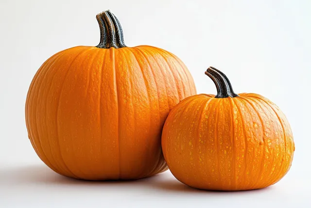 Two orange pumpkins isolated on white background with textured stems