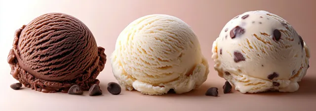 Three ice cream scoops in chocolate, vanilla, and chocolate chip on a light surface