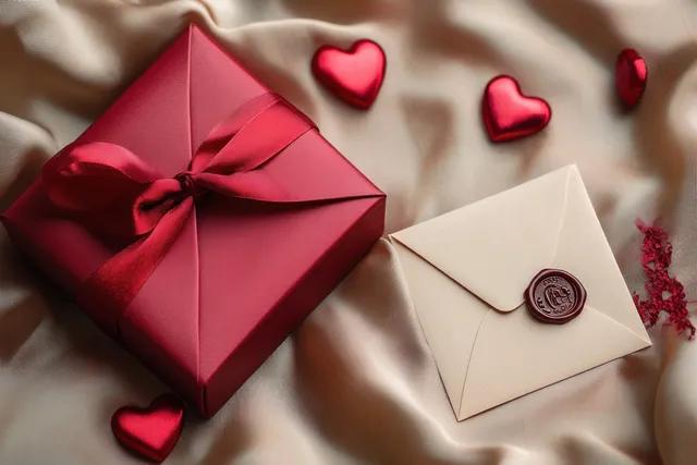 Heart gift box and sealed envelope atop silky fabric with scattered red hearts