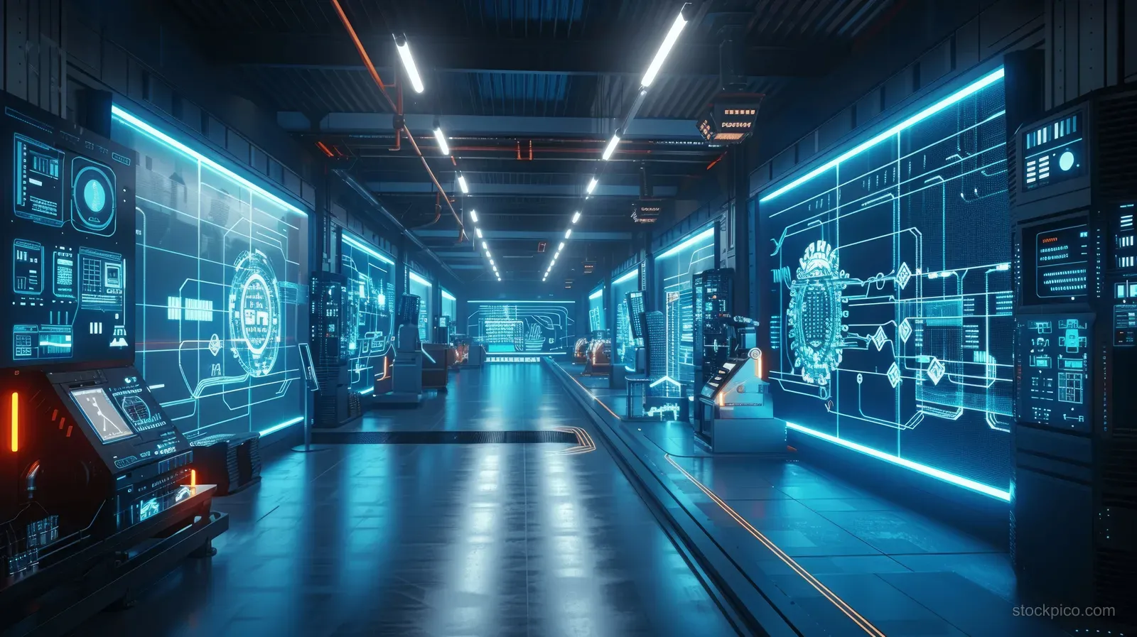 A high-tech factory corridor shows robotic workstations and glowing holographic schematics on digital panels.