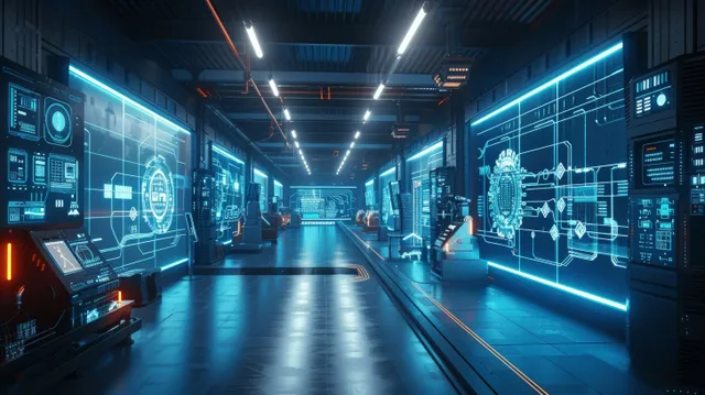 Um corredor de fábrica de alta tecnologia mostra estações de trabalho robóticas e esquemas holográficos brilhantes em painéis digitais.